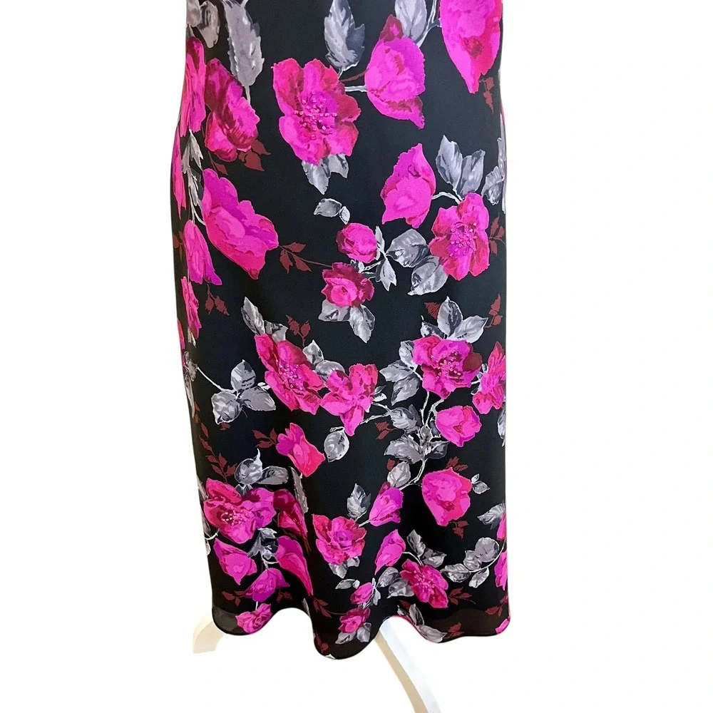 NEW YORK COMPANY Y2K 90s Black‎ Floral Midi Slip Dress Cowl 6 Beaded Phoebe